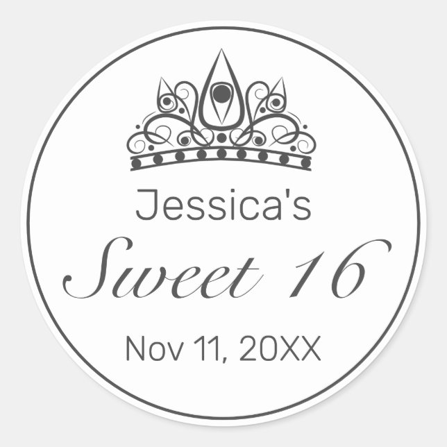 Pegatina Redonda Tiara Minimalista moderno negro dulce 16 (Anverso)