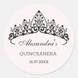 Pegatina Redonda Tiara negra moderna Quinceanera