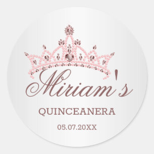 Pegatina Redonda Tiara, perlas, gema en forma de corazón Quinceaner