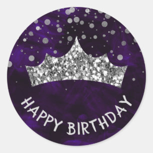 Pegatina Redonda Tiara plateado con bokek de plata y cumpleaños mor