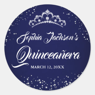 Pegatina Redonda Tiara Quinceañera de Navy Silver Diamond Sparkle