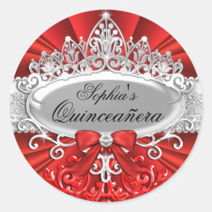 Pegatina Redonda Tiara Roja & Sticker de Quinceañera de Damasco