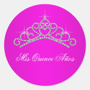 Pegatina Redonda Tiara Rosa Caliente Dulces 15 Quinceañera
