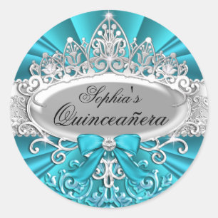 Pegatina Redonda Tiara Verde Teal y Sticker Quinceañera de Damasco