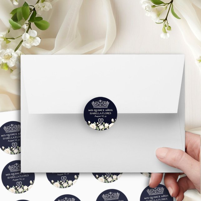 Pegatina Redonda Tiara y Rosas Azul de Mis Quince Años Quinceañera (Mis Quince Anos stickers  from the Princess Dress and Roses Quinceanera collection by Darling & May)