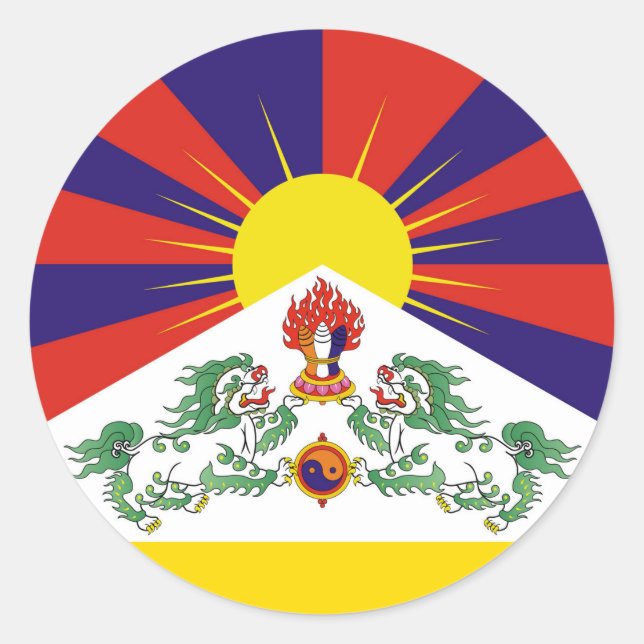 Pegatina Redonda Tibet, Leones de nieve, bandera tibetana - Los Him (Anverso)