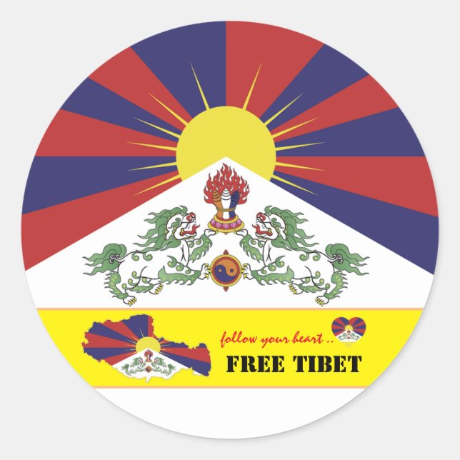 Pegatina Redonda Tíbet libre y bandera tibetana, mapa corazón/Tíbet (Anverso)