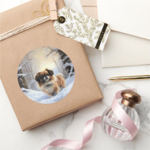 Pegatina Redonda Tibetan Spaniel Deja que nieve Navidad
