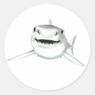 Pegatina Redonda tiburón acuarela sonriendo gris verde océano anima