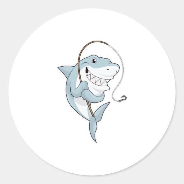 Pegatina Redonda Tiburón como pescador con barra de pesca (Anverso)
