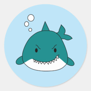 Pegatina Redonda Tiburón de dibujos animados azul y blanco