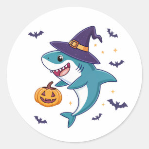 Pegatina Redonda Tiburón de Halloween con Gorra de brujas y calabaz