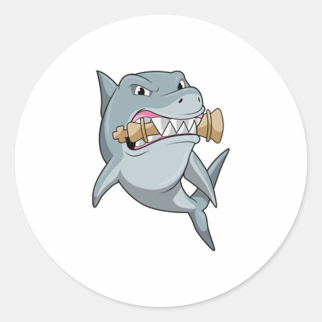 Pegatina Redonda Tiburón en ajedrez con pieza de ajedrez Rey (Anverso)