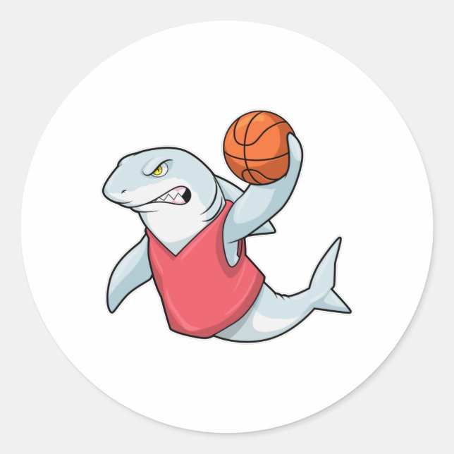Pegatina Redonda Tiburón en deportes con baloncesto (Anverso)