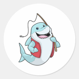 Pegatina Redonda Tiburón en la pesca con barra de pesca