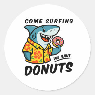 Pegatina Redonda Tiburón Hawaiano Con Donut Divertido Oleaje