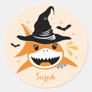 Pegatina Redonda Tiburón Lindo Halloween Bruja Nombre Personalizado