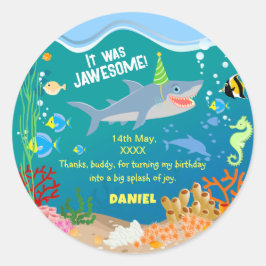 Pegatina Redonda Tiburón sonriente bajo el mar niño Partido Cumplea