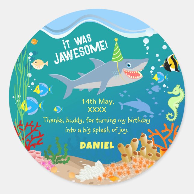 Pegatina Redonda Tiburón sonriente bajo el mar niño Partido Cumplea (Anverso)