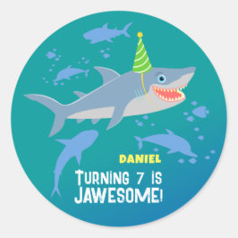 Pegatina Redonda Tiburón sonriente bajo el mar niño Partido Cumplea