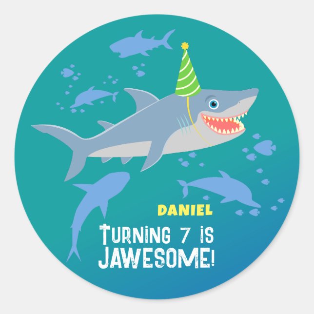 Pegatina Redonda Tiburón sonriente bajo el mar niño Partido Cumplea (Anverso)