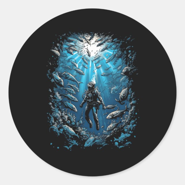 Pegatina Redonda Tiburones de tiburón buceadores Scuba buceando en  (Anverso)