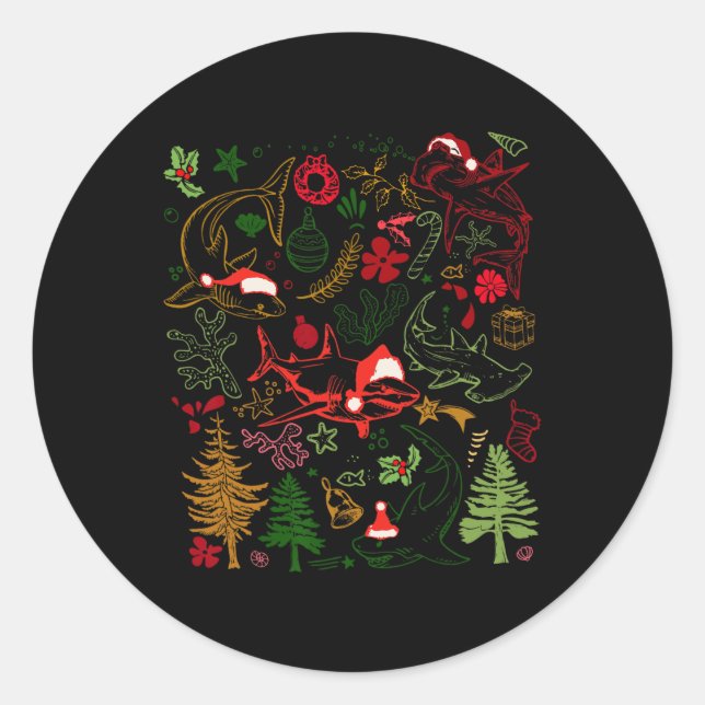 Pegatina Redonda Tiburones Santa Hat Navidades tiburones adoran el  (Anverso)