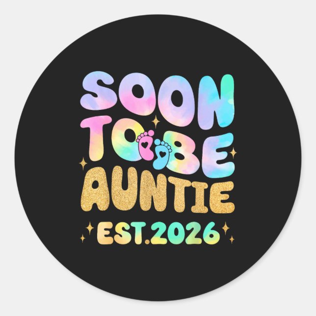 Pegatina Redonda Tie Dye Auntie Promoted To Auntie 2026 Soon To Be  (Anverso)