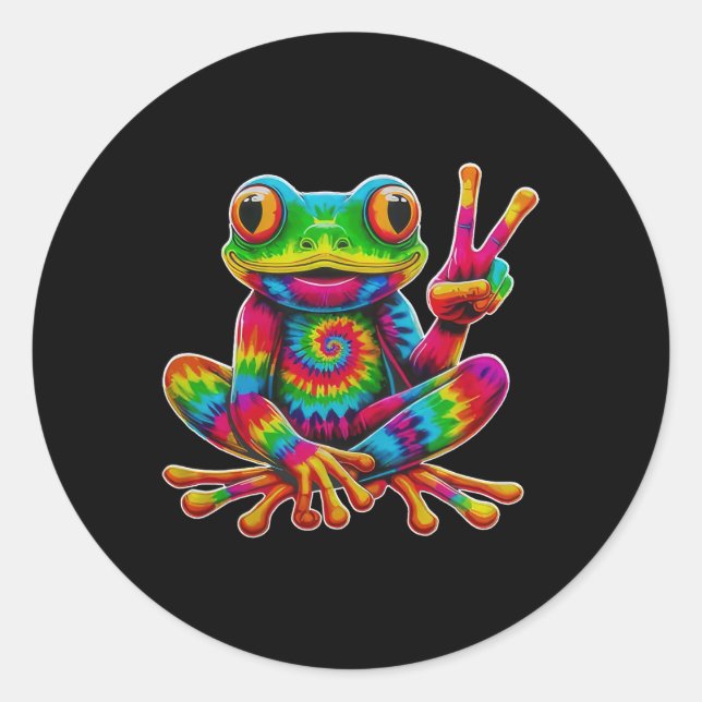 Pegatina Redonda Tie-dye Frog Peace Sign Hippie Christmas Frog  (Anverso)
