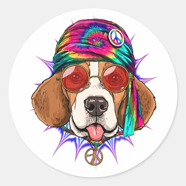 Pegatina Redonda Tie Dye Hippie Beagle Hippiness Peace Love Dog (Anverso)