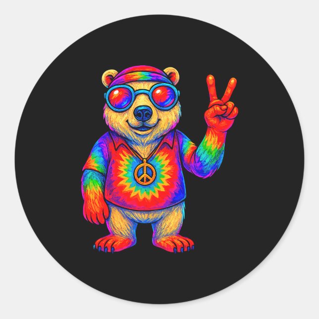 Pegatina Redonda Tie-dye Lar Bear Peace Sign Hip  (Anverso)