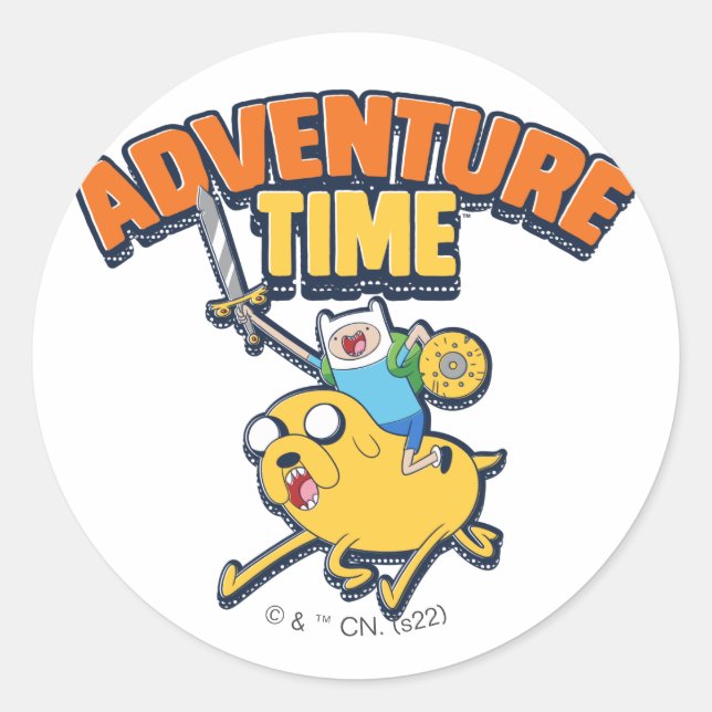Pegatina Redonda Tiempo de aventura | Finn Riding Jake (Anverso)