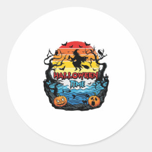 Pegatina Redonda Tiempo de Halloween Bruja Calabazas Murciélagos At