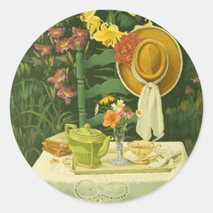 Pegatina Redonda Tiempo del té 1144 en los jardines