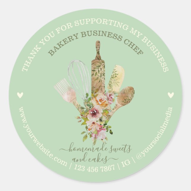 Pegatina Redonda Tienda de comida suave verde para cocinar pasteler (Anverso)