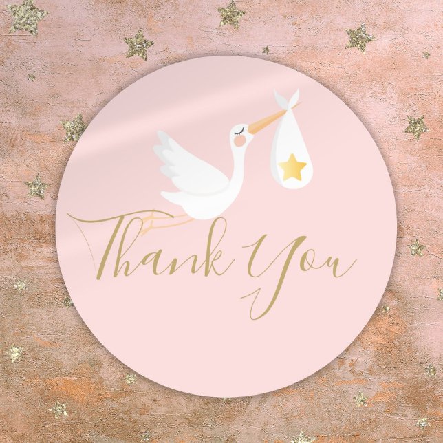 Pegatina Redonda Tienda de entrega especial Baby Shower Gracias Ros (Special Delivery Stork Baby Shower Thank You Pink Classic Round Sticker)