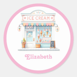 Pegatina Redonda Tienda de Helados Pastel Personalizada Preppy
