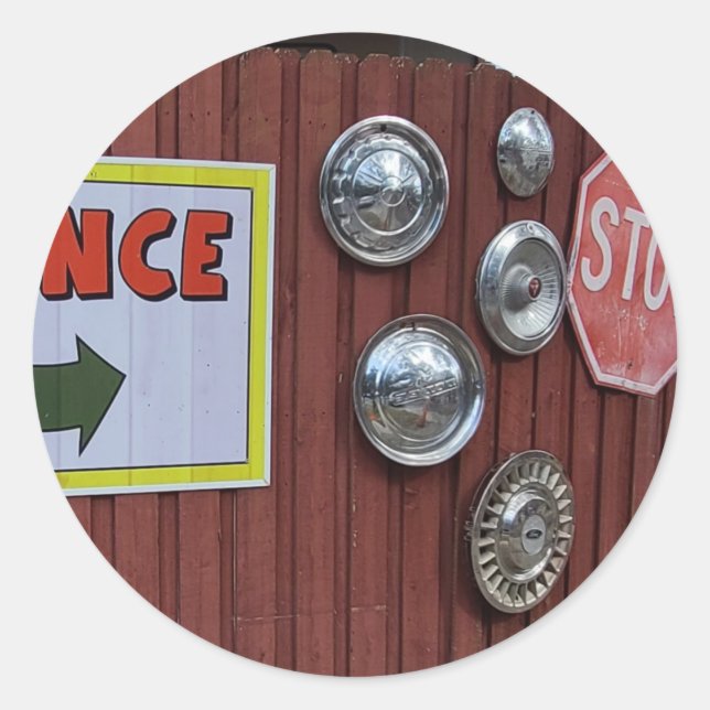 Pegatina Redonda Tienda de neumáticos de época (Anverso)