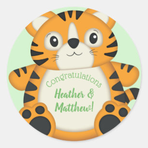 Pegatina Redonda Tiger Baby Shower Green