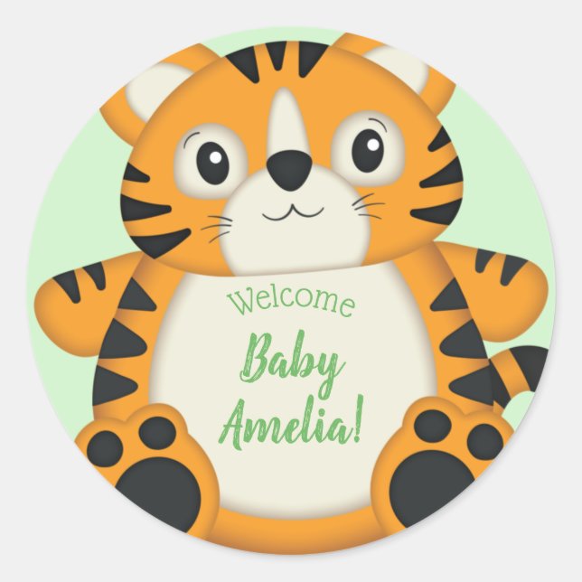 Pegatina Redonda Tiger Baby Shower Green (Anverso)