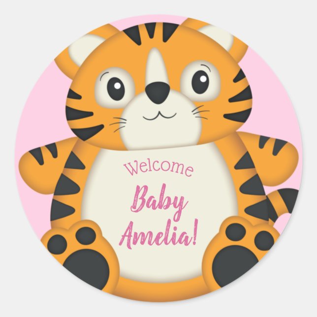 Pegatina Redonda Tiger Baby Shower Pink (Anverso)