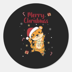 Pegatina Redonda Tiger Christmas Snow Winter Animals Tiger