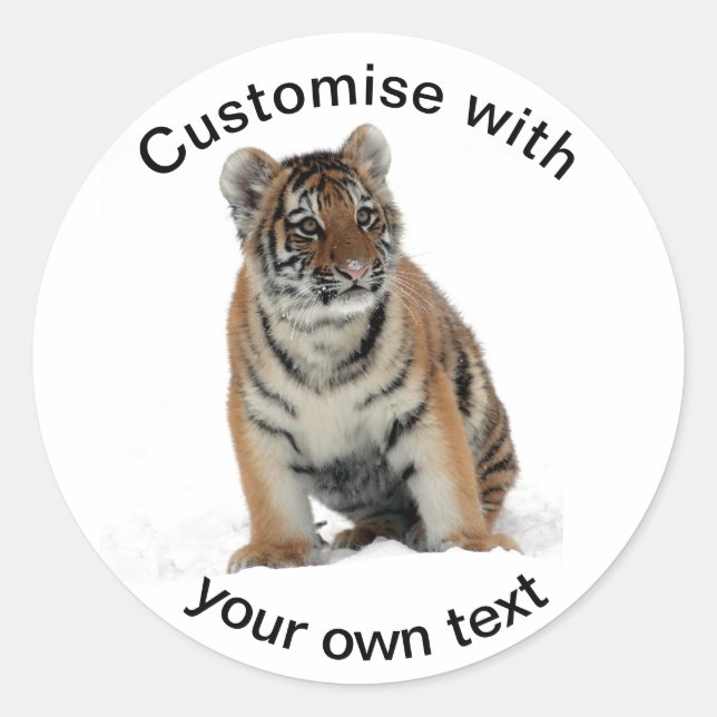 Pegatina Redonda Tiger Cub in the Snow Custom Text (Anverso)