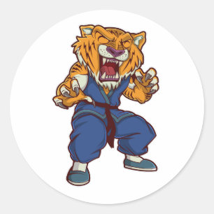 Pegatina Redonda tiger kungfu ilustracion dibujado a mano