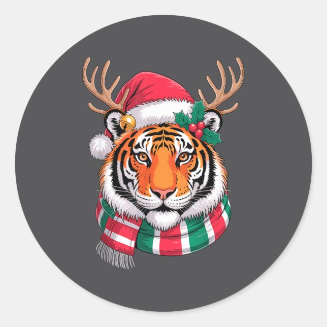 Pegatina Redonda Tiger Reindeer Christmas Santa Hat Tiger Xmas  (Anverso)