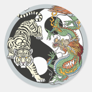 Pegatina Redonda Tigre blanco versus dragón verde en yin yang cl