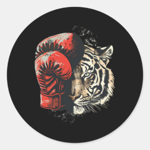 Pegatina Redonda Tigre Boxeador Con Guantes De Boxeo Kickboxing Div