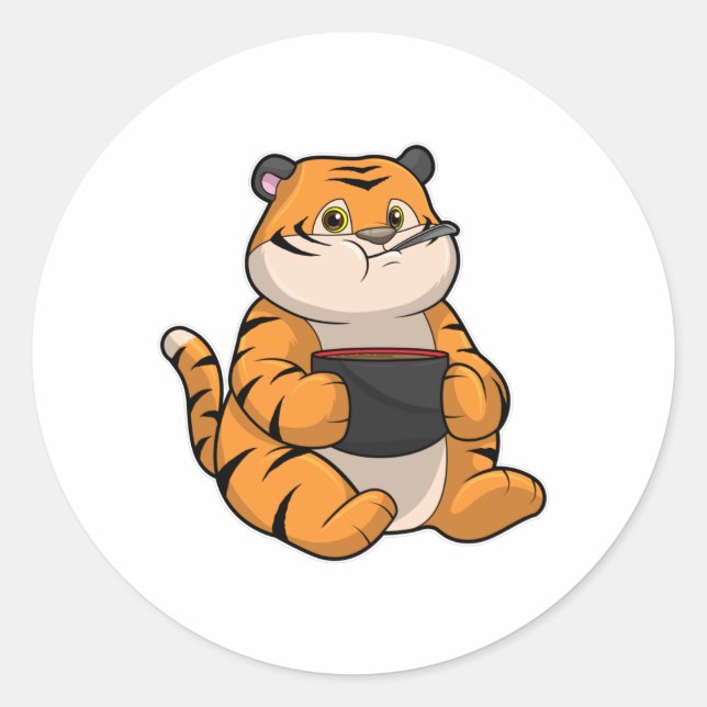 Pegatina Redonda Tigre comiendo con Bowl (Anverso)