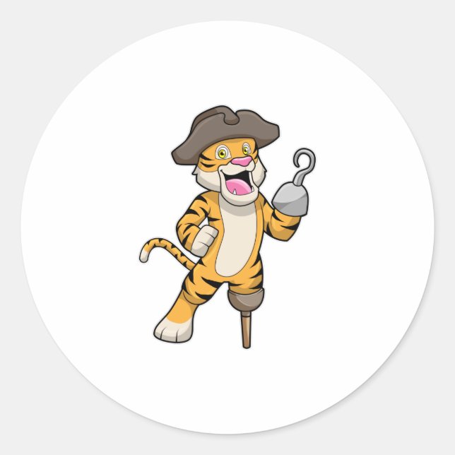 Pegatina Redonda Tigre como pirata con pierna de madera y mano enga (Anverso)