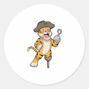 Pegatina Redonda Tigre como pirata con pierna de madera y mano enga